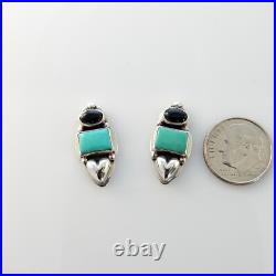 Handmade Navajo Sterling Silver Blue Turquoise Black Onyx Post Earrings