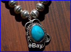 Handmade Old Pawn Navajo Turquoise Stone & Sterling Silver Bench Bead Necklace