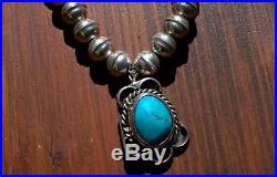 Handmade Old Pawn Navajo Turquoise Stone & Sterling Silver Bench Bead Necklace