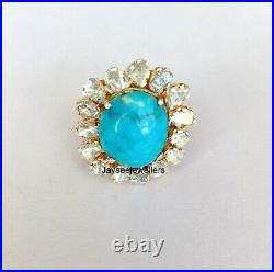 Handmade Real Turquoise Gemstone Polki Diamond Ring 925 Sterling Silver Jewelry