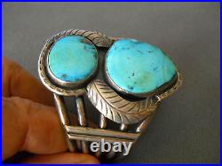 Heavy-Gauge Native American Leaf-Framed Turquoise Sterling Silver Cuff Bracelet