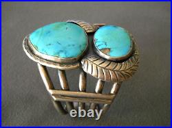 Heavy-Gauge Native American Leaf-Framed Turquoise Sterling Silver Cuff Bracelet