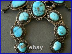 Heavy-Gauge Native American Turquoise Sterling Silver Squash Blossom Necklace