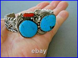 Heavy Native American Navajo Turquoise Coral Sterling Silver Cuff Bracelet 54g Heavy Native American Navajo Turquoise Coral Sterling Silver Cuff Bracelet 54g