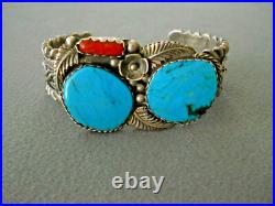 Heavy Native American Navajo Turquoise Coral Sterling Silver Cuff Bracelet 54g Heavy Native American Navajo Turquoise Coral Sterling Silver Cuff Bracelet 54g