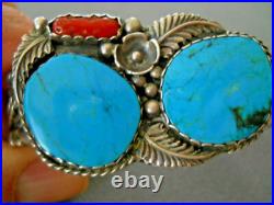 Heavy Native American Navajo Turquoise Coral Sterling Silver Cuff Bracelet 54g Heavy Native American Navajo Turquoise Coral Sterling Silver Cuff Bracelet 54g
