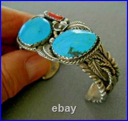 Heavy Native American Navajo Turquoise Coral Sterling Silver Cuff Bracelet 54g Heavy Native American Navajo Turquoise Coral Sterling Silver Cuff Bracelet 54g
