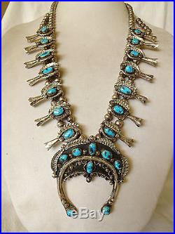 Heavy Vintage NAVAJO Sterling Silver & Blue TURQUOISE Squash Blossom NECKLACE