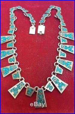 Heavy Vintage Sterling Silver Taxco Tv-00 Mexico Necklace Mosaic Turquoise