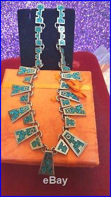 Heavy Vintage Sterling Silver Taxco Tv-00 Mexico Necklace Mosaic Turquoise