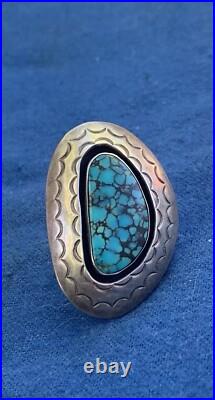 Henry Sam Navajo Modernist Large Sterling Silver Ring with Spiderweb Turquoise