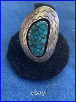 Henry Sam Navajo Modernist Large Sterling Silver Ring with Spiderweb Turquoise