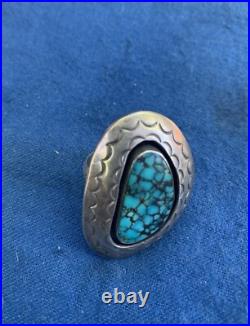 Henry Sam Navajo Modernist Large Sterling Silver Ring with Spiderweb Turquoise