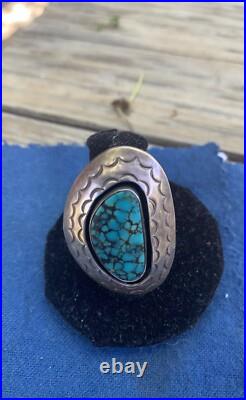 Henry Sam Navajo Modernist Large Sterling Silver Ring with Spiderweb Turquoise