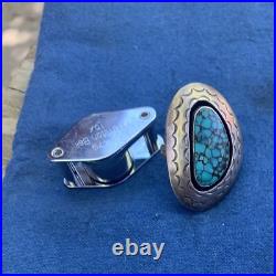 Henry Sam Navajo Modernist Large Sterling Silver Ring with Spiderweb Turquoise