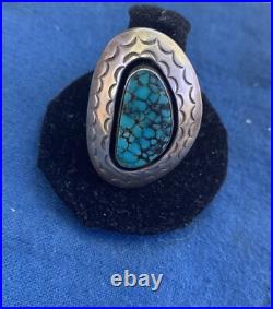 Henry Sam Navajo Modernist Large Sterling Silver Ring with Spiderweb Turquoise