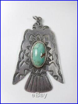 Huge 2+ Old Pawn Hand Stamped THUNDERBIRD Turquoise Sterling Silver Tag Pendant