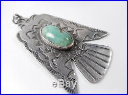 Huge 2+ Old Pawn Hand Stamped THUNDERBIRD Turquoise Sterling Silver Tag Pendant