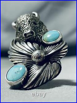 Huge Buffalo Native American Turquoise Sterling Silver Ring