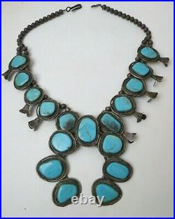 Huge Navajo Old Pawn Sterling Silver Large Turquoise Squash Blossom Necklace