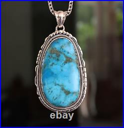 Huge Navajo Sterling Kingman Turquoise Pendant Necklace 3 Handmade Jewelry Gift