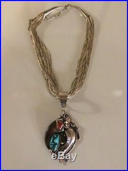 Huge Navajo Sterling Silver Turquoise Claw Pendant 50 Strand Liq Silver Necklace