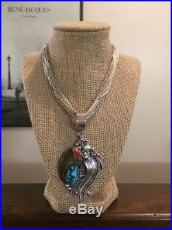 Huge Navajo Sterling Silver Turquoise Claw Pendant 50 Strand Liq Silver Necklace