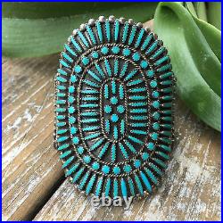 Huge Petit Point Turquoise And Sterling Silver Cuff Old Pawn Jewelry