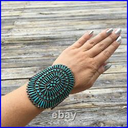 Huge Petit Point Turquoise And Sterling Silver Cuff Old Pawn Jewelry