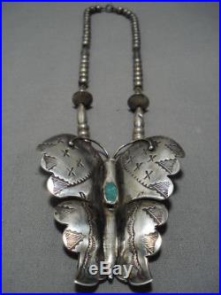 Huge Vintage Navajo Butterfly Turquoise Sterling Silver Necklace Old