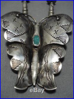 Huge Vintage Navajo Butterfly Turquoise Sterling Silver Necklace Old