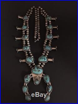 Huge Vintage Navajo Sterling Silver & Turquoise Squash Blossom Necklace 214g