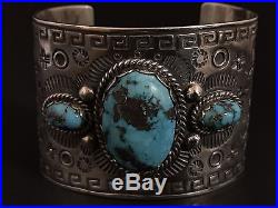 Huge Vintage Navajo Turquoise And Sterling Silver Heavy Stamp Work Cuff Bracelet