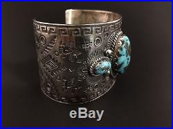 Huge Vintage Navajo Turquoise And Sterling Silver Heavy Stamp Work Cuff Bracelet
