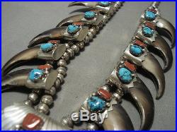 Huge Vintage Navajo Turquoise Coral Sterling Silver Squash Blossom Necklace