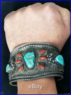 Hvy & Huge Navajo Turquoise And Coral Sterling Silver Cuff Bracelet 122.6 Grams
