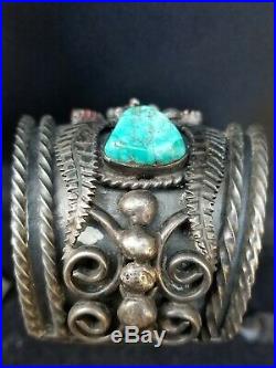 Hvy & Huge Navajo Turquoise And Coral Sterling Silver Cuff Bracelet 122.6 Grams