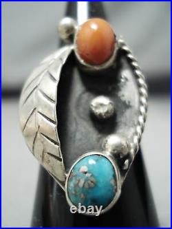Incredible Vintage Navajo Turquoise & Coral Sterling Silver Ring