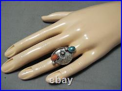 Incredible Vintage Navajo Turquoise & Coral Sterling Silver Ring