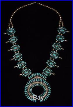 J. M. Begay Navajo Petit Point Turquoise Sterling Silver Squash Blossom Necklace