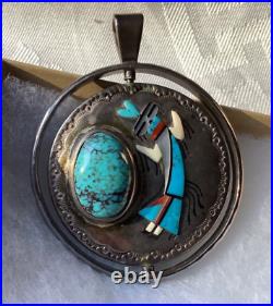 Jake Livingston Sterling Silver Spinner Pendant Yei Red Mt Turquoise / Blue Jay