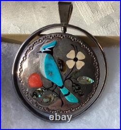 Jake Livingston Sterling Silver Spinner Pendant Yei Red Mt Turquoise / Blue Jay