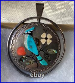 Jake Livingston Sterling Silver Spinner Pendant Yei Red Mt Turquoise / Blue Jay