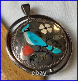 Jake Livingston Sterling Silver Spinner Pendant Yei Red Mt Turquoise / Blue Jay