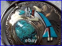 Jake Livingston Sterling Silver Spinner Pendant Yei Red Mt Turquoise / Blue Jay