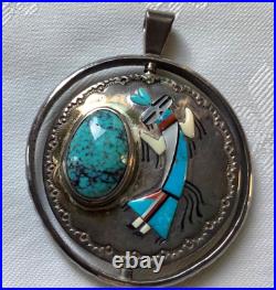 Jake Livingston Sterling Silver Spinner Pendant Yei Red Mt Turquoise / Blue Jay