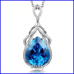 Jewelry Fashion 925 Sterling Silver Diamond Water drop Aquamarine Pendant Neckla