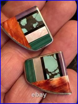 Jim Royer Navajo Sterling Silver Turquoise, Charoite, Coral, MOP, Malachite Earrings