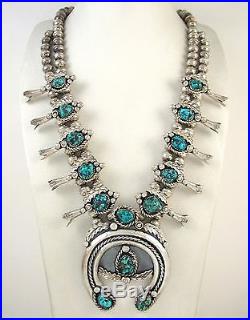 KEITH JAMES Vintage Navajo Sterling Silver Turquoise Squash Blossom Necklace J