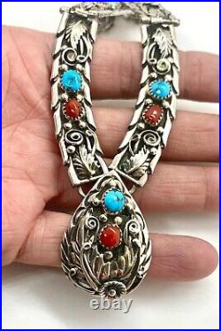 Keith James Navajo Sterling Silver Turquoise Coral Squash Blossom Bib Necklace